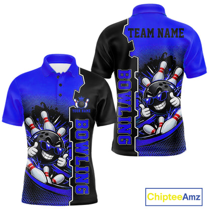 Custom Funny Blue Bowling Men Polo Quarter Zip Shirt Cartoon Bowling Ball And Pins, Bowler Outfit NBT1204