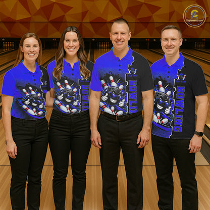 Custom Funny Blue Bowling Men Polo Quarter Zip Shirt Cartoon Bowling Ball And Pins, Bowler Outfit NBT1204