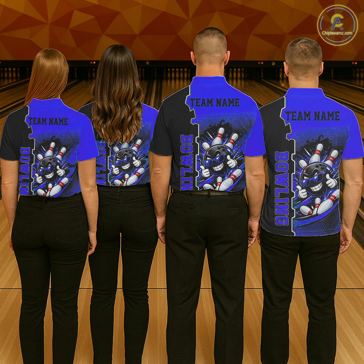 Custom Funny Blue Bowling Men Polo Quarter Zip Shirt Cartoon Bowling Ball And Pins, Bowler Outfit NBT1204