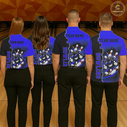 Custom Funny Blue Bowling Men Polo Quarter Zip Shirt Cartoon Bowling Ball And Pins, Bowler Outfit NBT1204