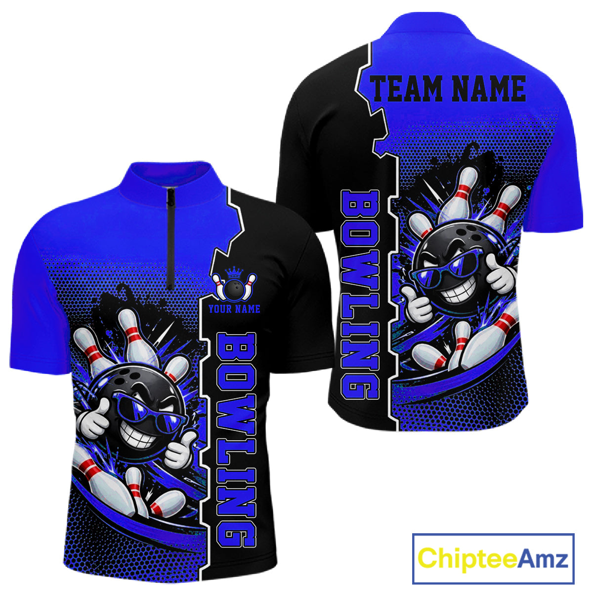 Custom Funny Blue Bowling Men Polo Quarter Zip Shirt Cartoon Bowling Ball And Pins, Bowler Outfit NBT1204
