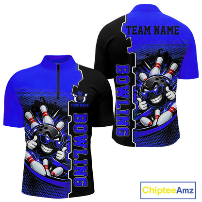 Custom Funny Blue Bowling Men Polo Quarter Zip Shirt Cartoon Bowling Ball And Pins, Bowler Outfit NBT1204