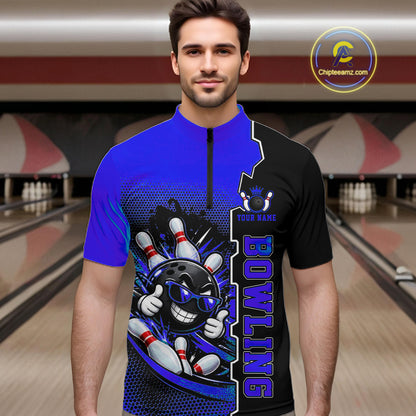 Custom Funny Blue Bowling Men Polo Quarter Zip Shirt Cartoon Bowling Ball And Pins, Bowler Outfit NBT1204