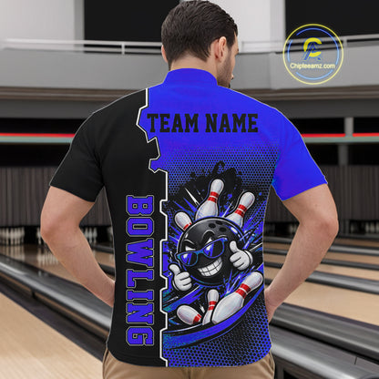 Custom Funny Blue Bowling Men Polo Quarter Zip Shirt Cartoon Bowling Ball And Pins, Bowler Outfit NBT1204