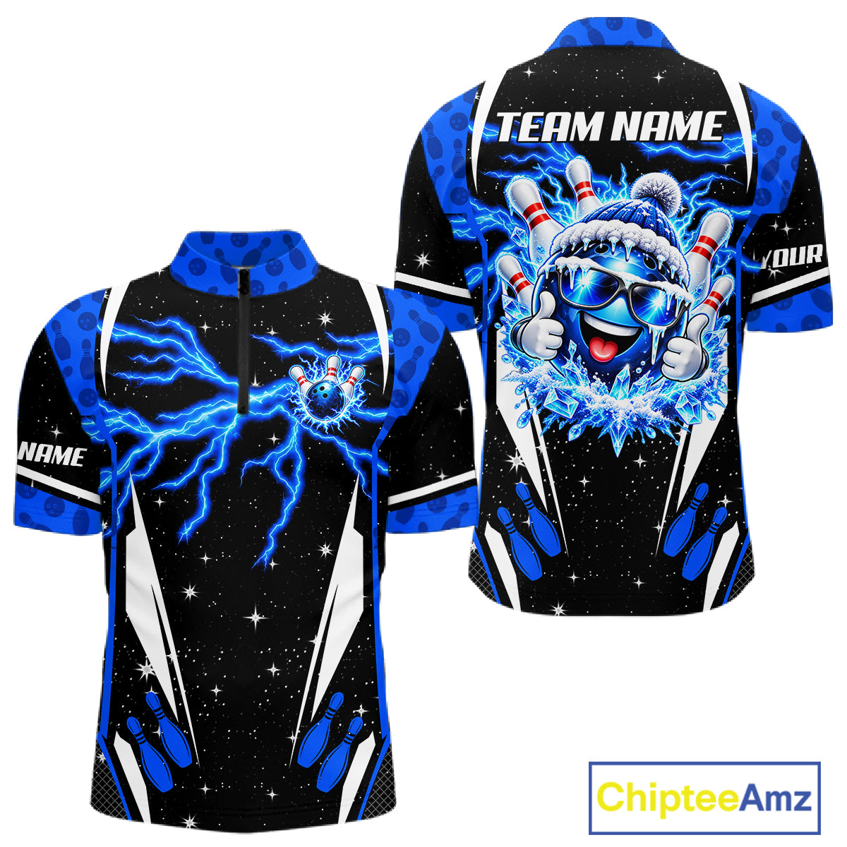Blue Thunder Lightning Custom Christmas Bowling Shirts For Men, Frozen Bowling Team Outfit Shirt NBT1206