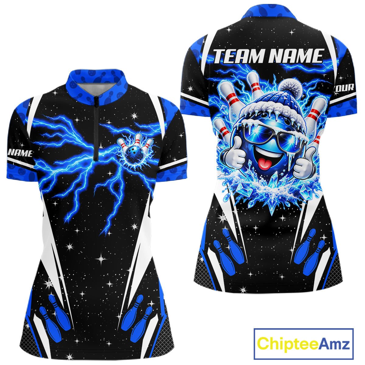 Blue Thunder Lightning Custom Christmas Bowling Shirts For Women, Frozen Bowling Team Outfit Shirt NBT1206
