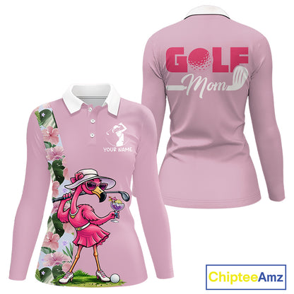 Pink Flamingo Womens Golf Polos Shirts Custom Tropical Floral Golf Gifts For Mom, Mother's Day Gifts NBT645