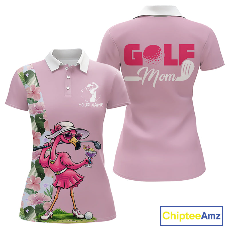 Pink Flamingo Womens Golf Polos Shirts Custom Tropical Floral Golf Gifts For Mom, Mother's Day Gifts NBT645