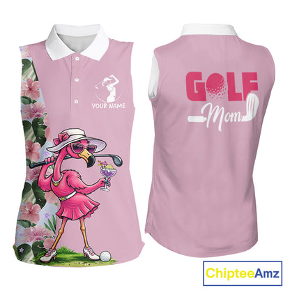 Pink Flamingo Womens Sleeveless Golf Polos Shirts Custom Tropical Floral Golf Gifts For Mom, Mother's Day Gifts NBT645