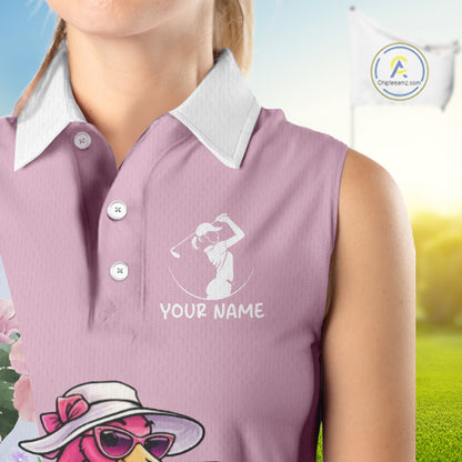 Pink Flamingo Womens Sleeveless Golf Polos Shirts Custom Tropical Floral Golf Gifts For Mom, Mother's Day Gifts NBT645
