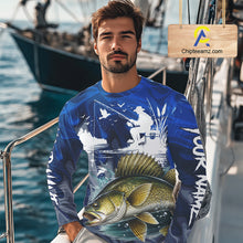 Load image into Gallery viewer, Model wearing Walleye Fishing Jersey Custom Name long sleeve camo walleye fishing shirt for team, UPF 30+ long sleeve fishing shirt on the boat
