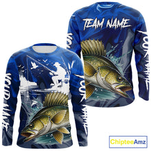 Load image into Gallery viewer, Front and back view of Walleye Fishing Jersey Custom Name long sleeve fishing shirt, camo walleye fishing shirt for team with walleye graphic and custom name right, left sleeve