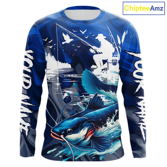 Front view of Catfish Fishing Jersey Custom Name long sleeve fishing shirt, camo catfish fishing shirt for team with ctafish graphic and custom name left sleeve