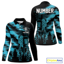 Load image into Gallery viewer, Womens Disc Golf Polo Shirt Custom Name Blue Disc Golf Basket, Personalized Disc Golf Shirts NBT646