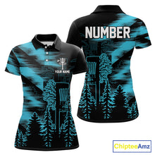 Load image into Gallery viewer, Womens Disc Golf Polo Shirt Custom Name Blue Disc Golf Basket, Personalized Disc Golf Shirts NBT646