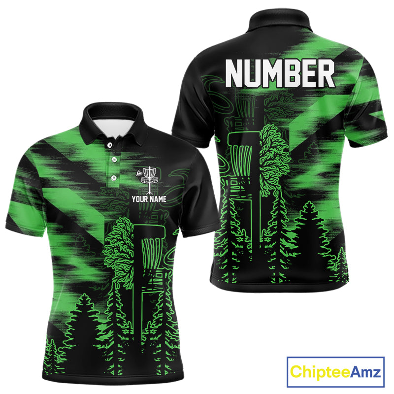 Mens Disc Golf Polo Shirt Custom Name Green Disc Golf Basket, Personalized Disc Golf Shirts NBT647