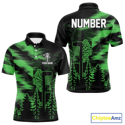 Mens Disc Golf Polo Shirt Custom Name Green Disc Golf Basket, Personalized Disc Golf Shirts NBT647