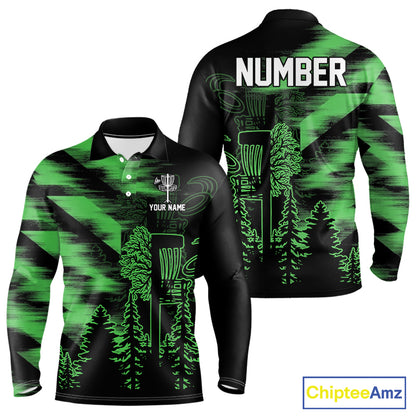 Mens Disc Golf Polo Shirt Custom Name Green Disc Golf Basket, Personalized Disc Golf Shirts NBT647
