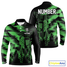 Load image into Gallery viewer, Mens Disc Golf Polo Shirt Custom Name Green Disc Golf Basket, Personalized Disc Golf Shirts NBT647