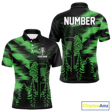 Load image into Gallery viewer, Mens Disc Golf Polo Shirt Custom Name Green Disc Golf Basket, Personalized Disc Golf Shirts NBT647