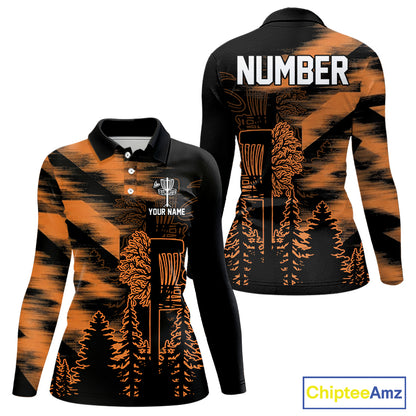 Womens Disc Golf Polo Shirt Custom Name Orange Disc Golf Basket, Personalized Disc Golf Shirts NBT648