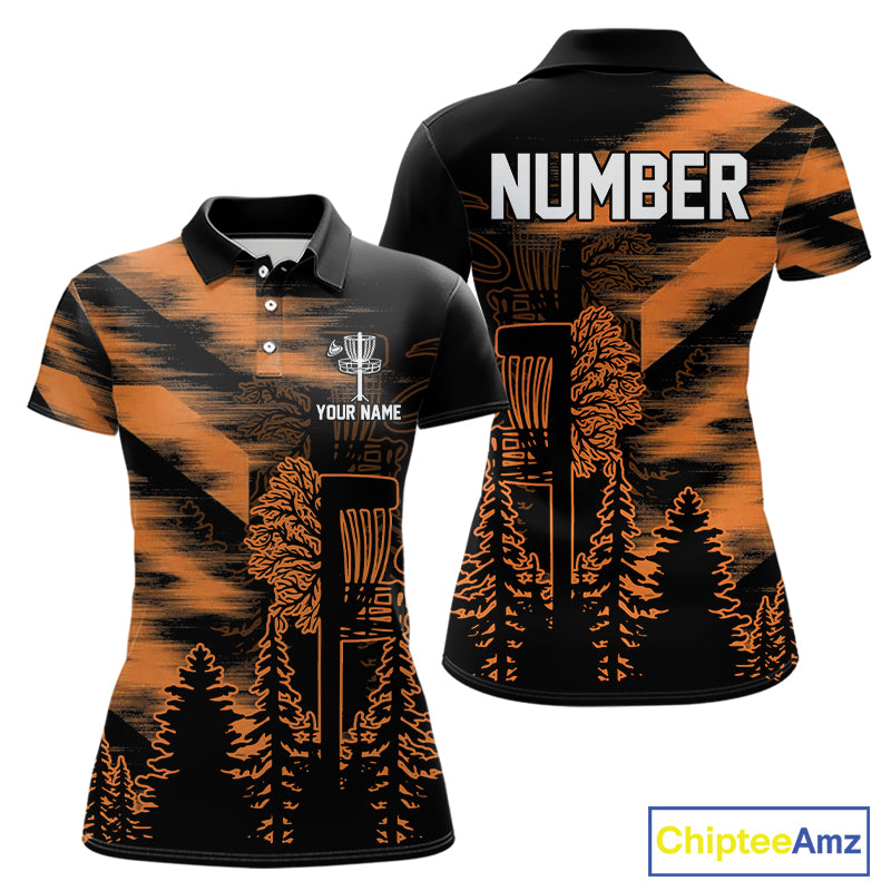 Womens Disc Golf Polo Shirt Custom Name Orange Disc Golf Basket, Personalized Disc Golf Shirts NBT648
