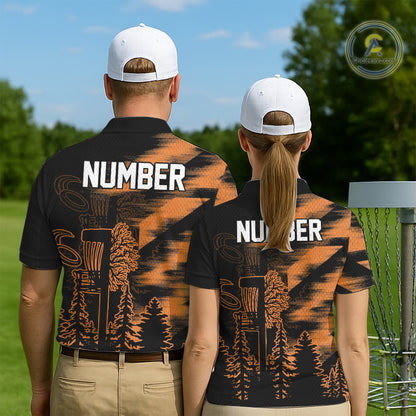 Womens Disc Golf Polo Shirt Custom Name Orange Disc Golf Basket, Personalized Disc Golf Shirts NBT648