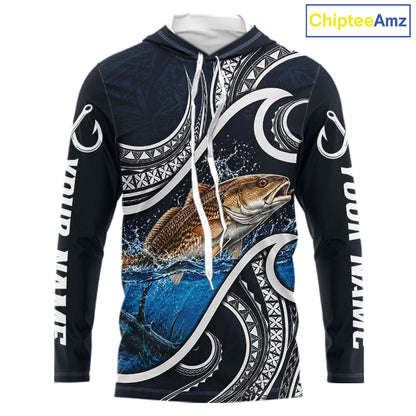 Front view of blue tribal pattern custom redfish long sleeve hooded fishing shirt