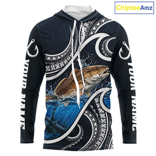 Front view of blue tribal pattern custom redfish long sleeve hooded fishing shirt