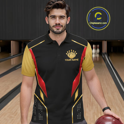 Black And Gold Funny Bowling Ball Polo, Quarter Zip Shirts For Men Custom Bowling Team Jerseys NBT1085