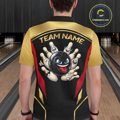 Black And Gold Funny Bowling Ball Polo, Quarter Zip Shirts For Men Custom Bowling Team Jerseys NBT1085