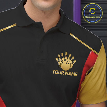 Black And Gold Funny Bowling Ball Polo, Quarter Zip Shirts For Men Custom Bowling Team Jerseys NBT1085