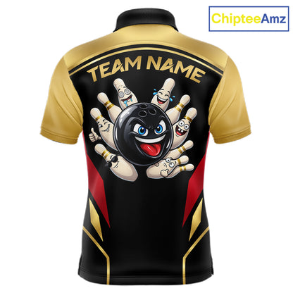 Black And Gold Funny Bowling Ball Polo, Quarter Zip Shirts For Men Custom Bowling Team Jerseys NBT1085