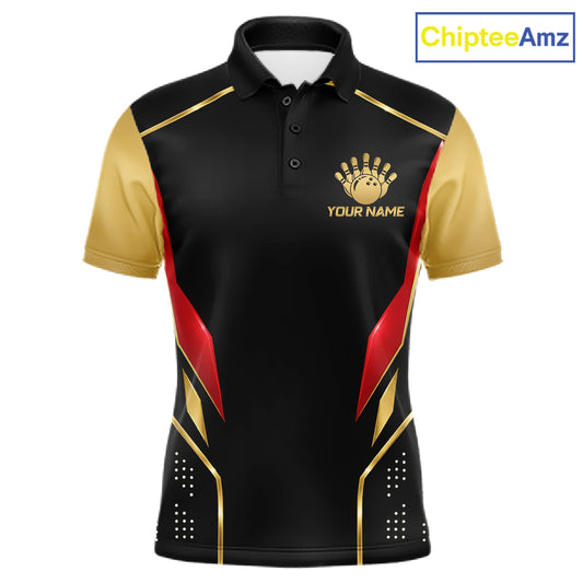 Black And Gold Funny Bowling Ball Polo, Quarter Zip Shirts For Men Custom Bowling Team Jerseys NBT1085