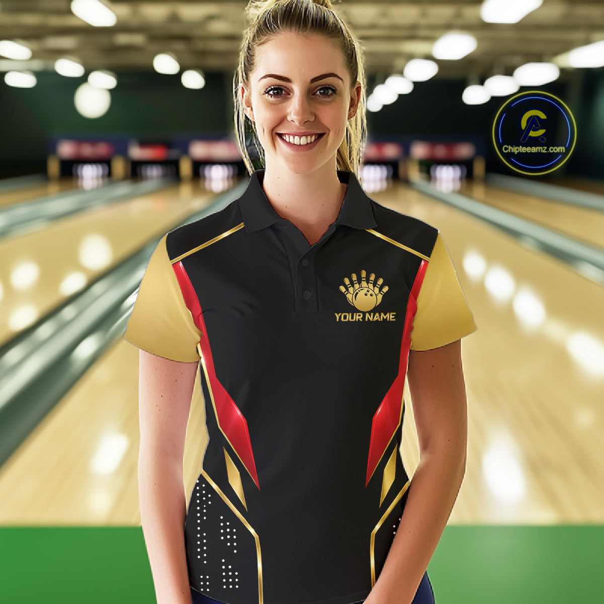 Black And Gold Funny Bowling Ball Polo, Quarter Zip Shirts For Women Custom Bowling Team Jerseys NBT1085
