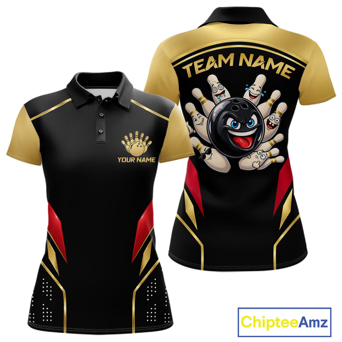 Black And Gold Funny Bowling Ball Polo, Quarter Zip Shirts For Women Custom Bowling Team Jerseys NBT1085