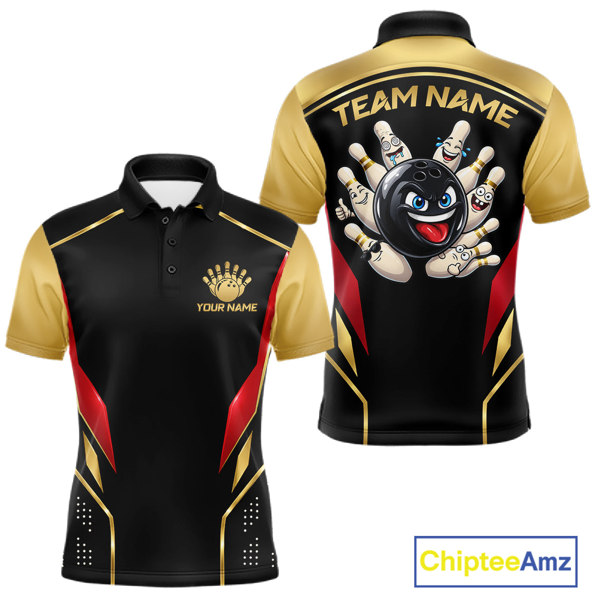 Black And Gold Funny Bowling Ball Polo, Quarter Zip Shirts For Men Custom Bowling Team Jerseys NBT1085