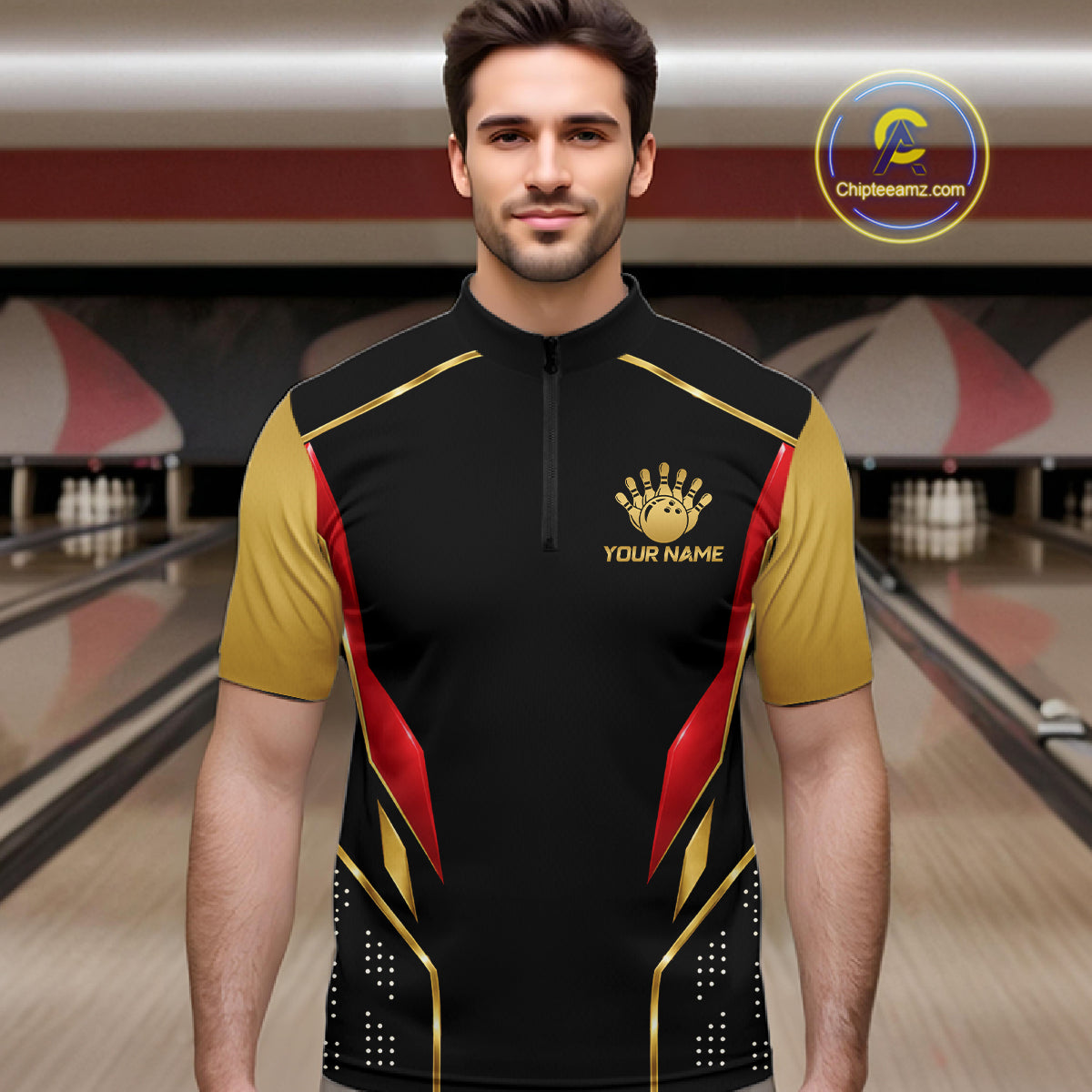 Black And Gold Funny Bowling Ball Polo, Quarter Zip Shirts For Men Custom Bowling Team Jerseys NBT1085