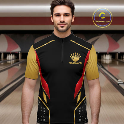 Black And Gold Funny Bowling Ball Polo, Quarter Zip Shirts For Men Custom Bowling Team Jerseys NBT1085