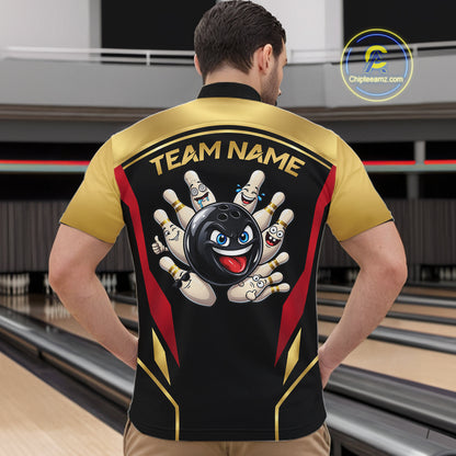 Black And Gold Funny Bowling Ball Polo, Quarter Zip Shirts For Men Custom Bowling Team Jerseys NBT1085