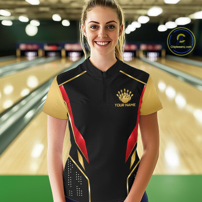 Black And Gold Funny Bowling Ball Polo, Quarter Zip Shirts For Women Custom Bowling Team Jerseys NBT1085