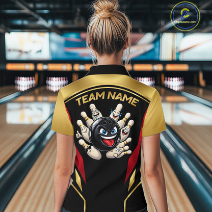 Black And Gold Funny Bowling Ball Polo, Quarter Zip Shirts For Women Custom Bowling Team Jerseys NBT1085