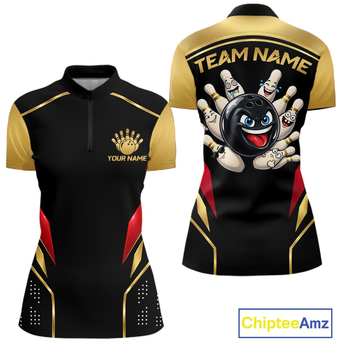 Black And Gold Funny Bowling Ball Polo, Quarter Zip Shirts For Women Custom Bowling Team Jerseys NBT1085