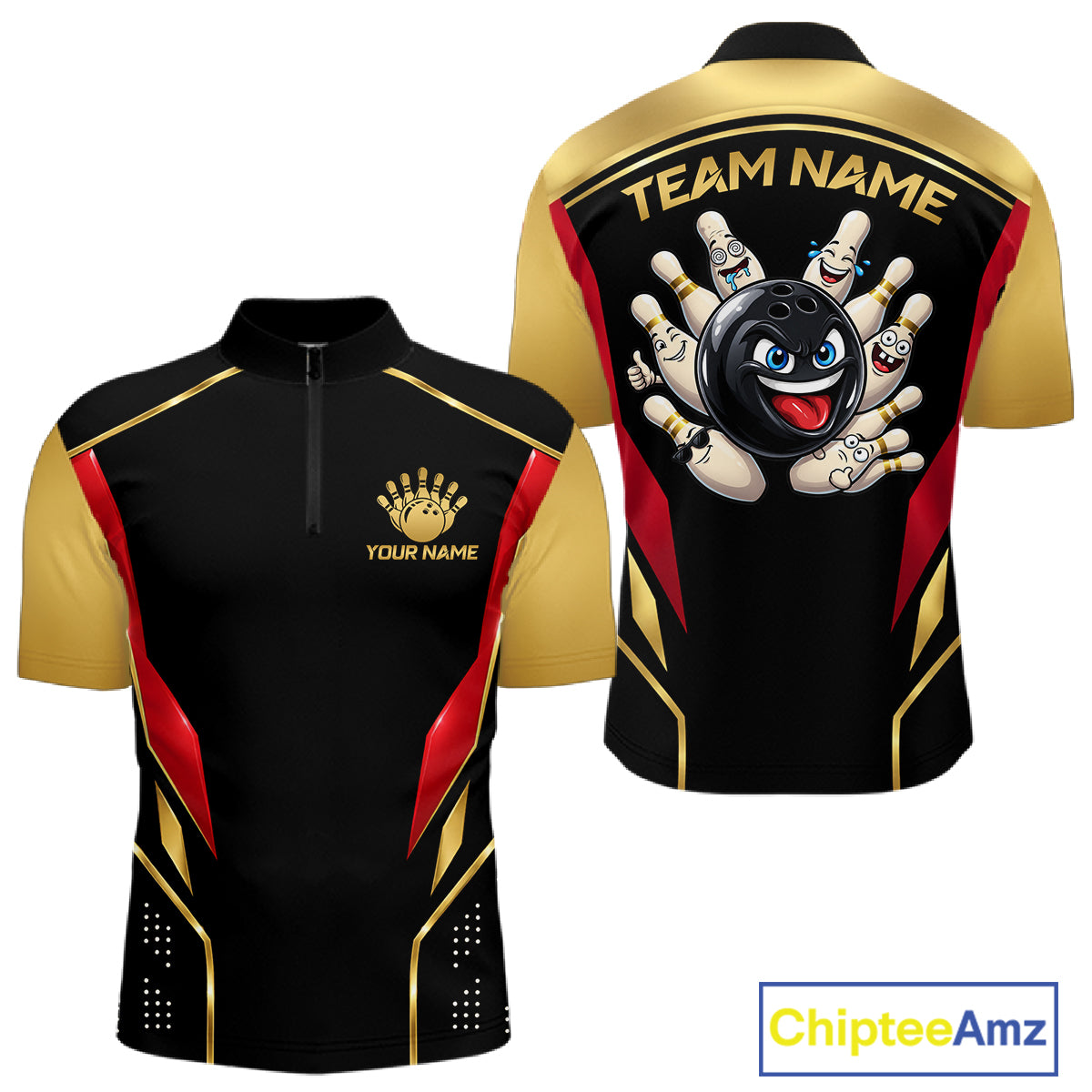 Black And Gold Funny Bowling Ball Polo, Quarter Zip Shirts For Men Custom Bowling Team Jerseys NBT1085