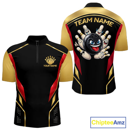 Black And Gold Funny Bowling Ball Polo, Quarter Zip Shirts For Men Custom Bowling Team Jerseys NBT1085