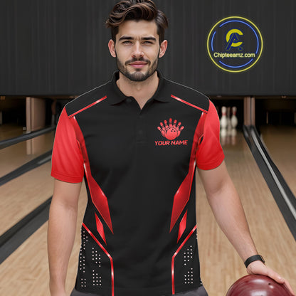 Black and Red Funny Bowling Ball Polo, Quarter Zip Shirts For Men Custom Bowling Team Jerseys NBT1086