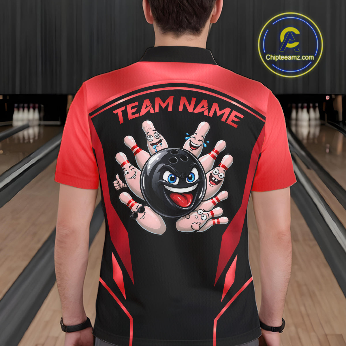 Black and Red Funny Bowling Ball Polo, Quarter Zip Shirts For Men Custom Bowling Team Jerseys NBT1086
