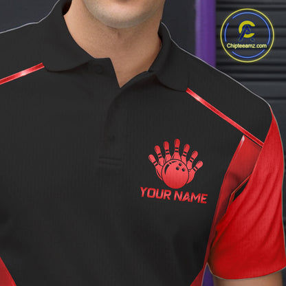 Black and Red Funny Bowling Ball Polo, Quarter Zip Shirts For Men Custom Bowling Team Jerseys NBT1086
