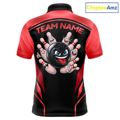 Black and Red Funny Bowling Ball Polo, Quarter Zip Shirts For Men Custom Bowling Team Jerseys NBT1086