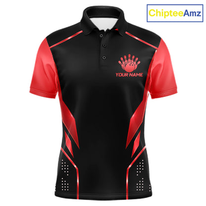 Black and Red Funny Bowling Ball Polo, Quarter Zip Shirts For Men Custom Bowling Team Jerseys NBT1086